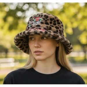 Ed Hardy 'Love Kills Slowly' Tattoo Cheetah Faux Fur Bucket Hat O/S NWT 0973